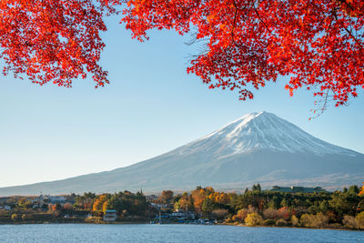 Scenic view of mountains against clear sky during autumn