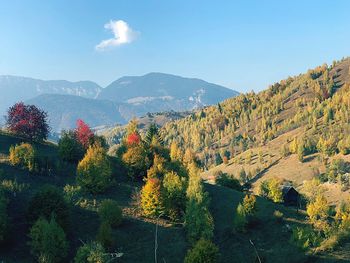 Scenic view of mountains against sky during autumn