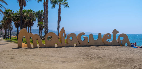 Panoramic shot of palm trees on beach against clear sky