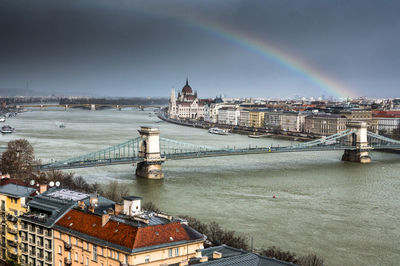 View of rainbow over river and buildings in city