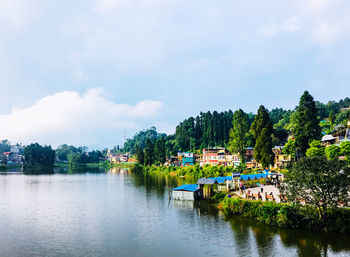 Scenic view of lake by trees against sky