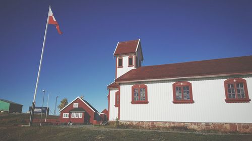 Low angle view of house against clear blue sky