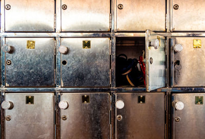 Full frame close-up of the old and scratched stainless lockable closet