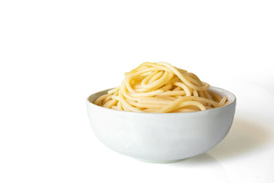 Close-up of bread in bowl against white background