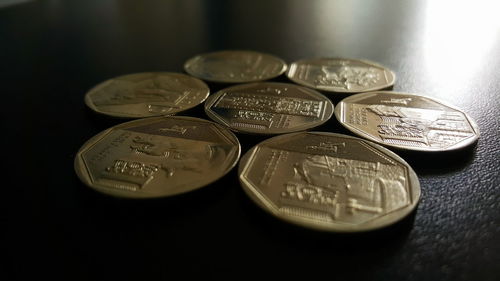 Close-up of coins on table