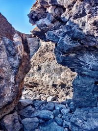 Close-up of rock formation against sky