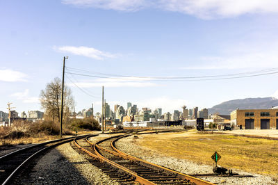 Railroad tracks in city against sky