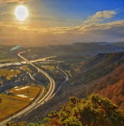 High angle view of road against sky during sunset