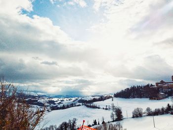 Snow covered landscape against sky