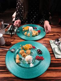 High angle view of breakfast on table
