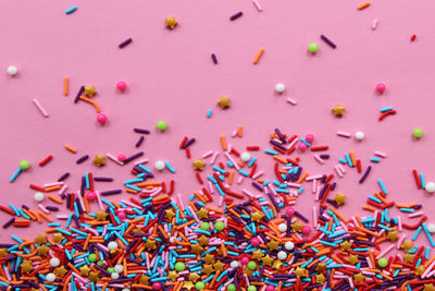 High angle view of multi colored candies on floor