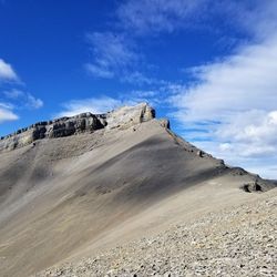 Low angle view of rocky mountain against sky