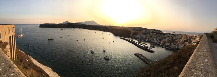 High angle view of sea against sky at sunset