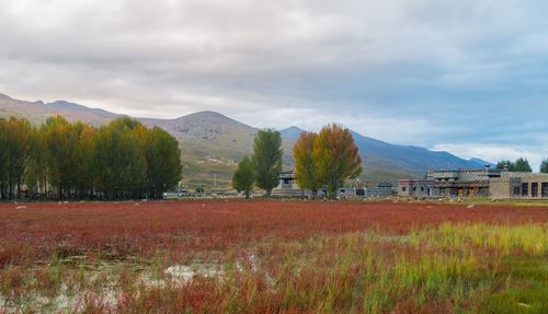 Scenic view of mountains against cloudy sky