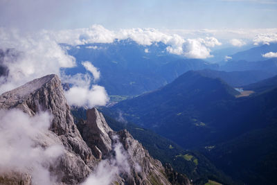 Sunny day on dolomites, hiking in summer through altopiano della rosetta