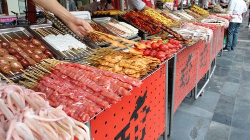 High angle view of food for sale at market stall