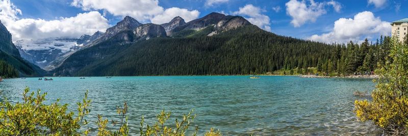 Panoramic view of lake and mountains against sky