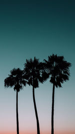 Low angle view of silhouette palm trees against clear sky