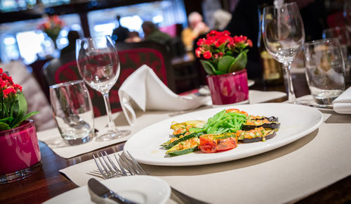 High angle view of food served on table