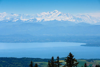Scenic view of snowcapped mountains against blue sky