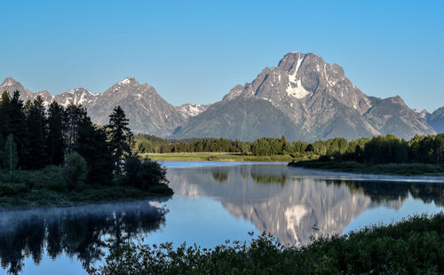 Scenic view of lake and mountains against blue sky