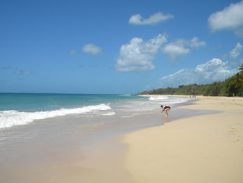 Side view of woman enjoying on sea shore against sky