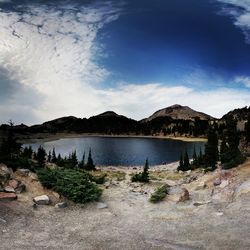 Scenic view of lake against cloudy sky