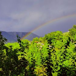 Scenic view of rainbow over mountain against sky