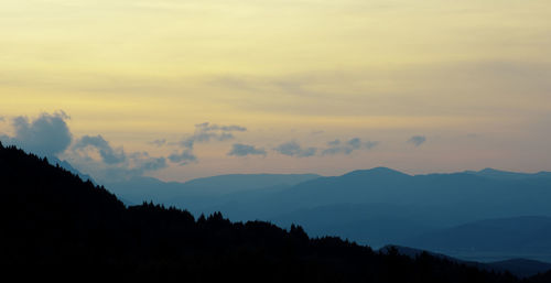 Scenic view of silhouette mountains against sky at sunset