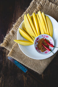 High angle view of food in plate on table