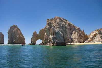 Panoramic view of sea against clear blue sky