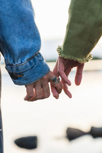 Finland, lapland, close-up of two young women hand in hand at the lakeside