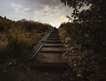 Railroad tracks by trees against sky