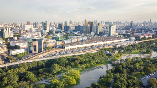 High angle view of buildings in city