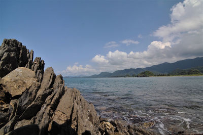 Scenic view of sea and mountains against sky