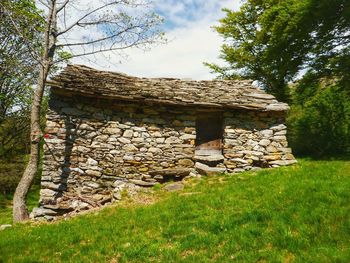 Stone wall by trees on field against sky