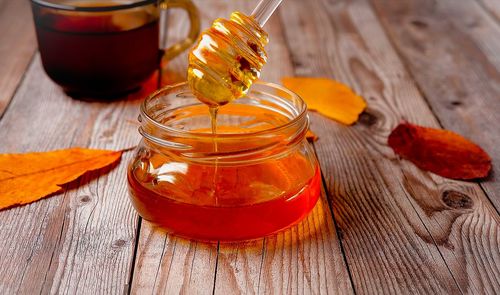 High angle view of drink in jar on table