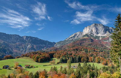 Scenic view of mountains against sky during autumn