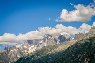 Panoramic view of snowcapped mountains against blue sky