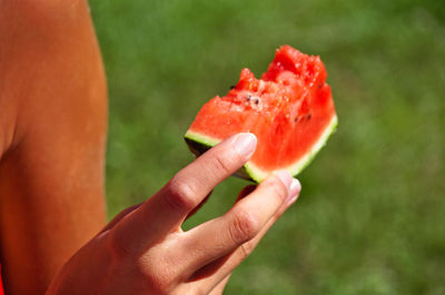 Cropped image of woman holding watermelon slice