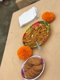 High angle view of food in plate on table