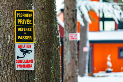 Close-up of sign on tree trunk