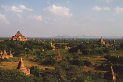 High angle view of bagan temples in burma