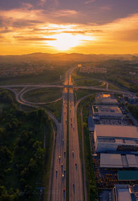 High angle view of highway during sunset