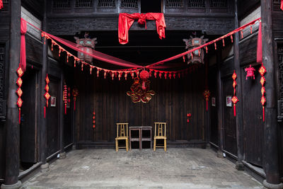 Empty seats in temple outside building