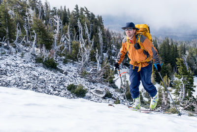 High angle view of skier hiking on mt adams in winter