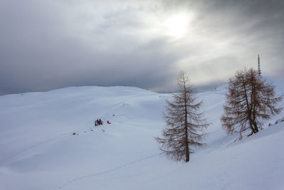 People skiing on snowcapped mountain against sky