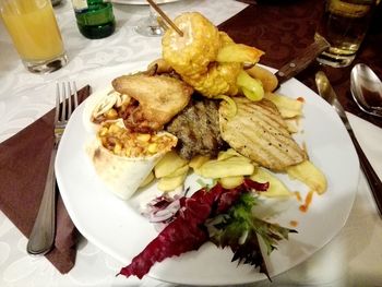 High angle view of food in plate on table