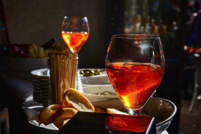 Close-up of beer in glass on table