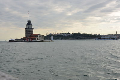 View of buildings by sea against cloudy sky